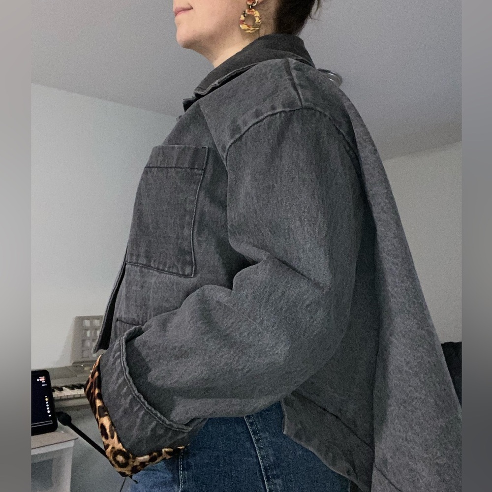 Womens Charcoal Button Jacket with Leopard Trim - Picture 2 of 7